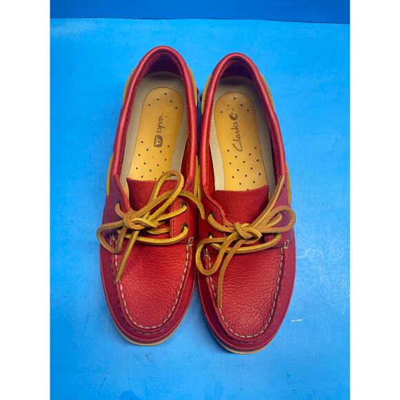 Clarks cherry Red Leather Moccasin Flat Driving Shoe Sz 7.5 Tie Front Comfort - Picture 9 of 11